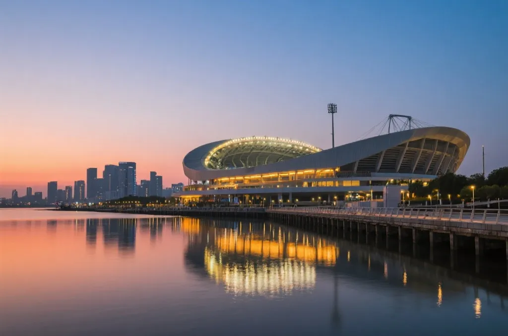 一座位于城市滨水区附近的现代足球场,背景是美丽的都市天际线和落日余晖。